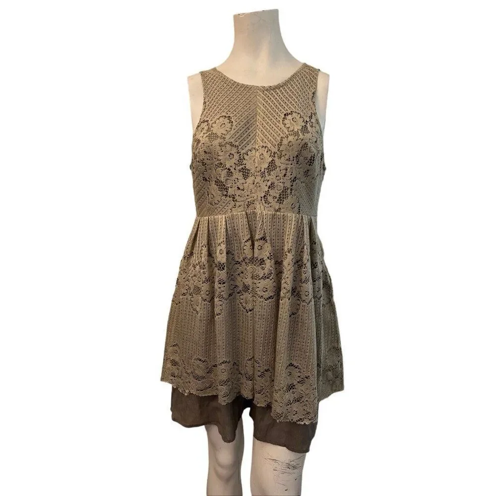 Free People Size 10 Taupe Rocco Open Back Lace Overlay Sleeveless Dress